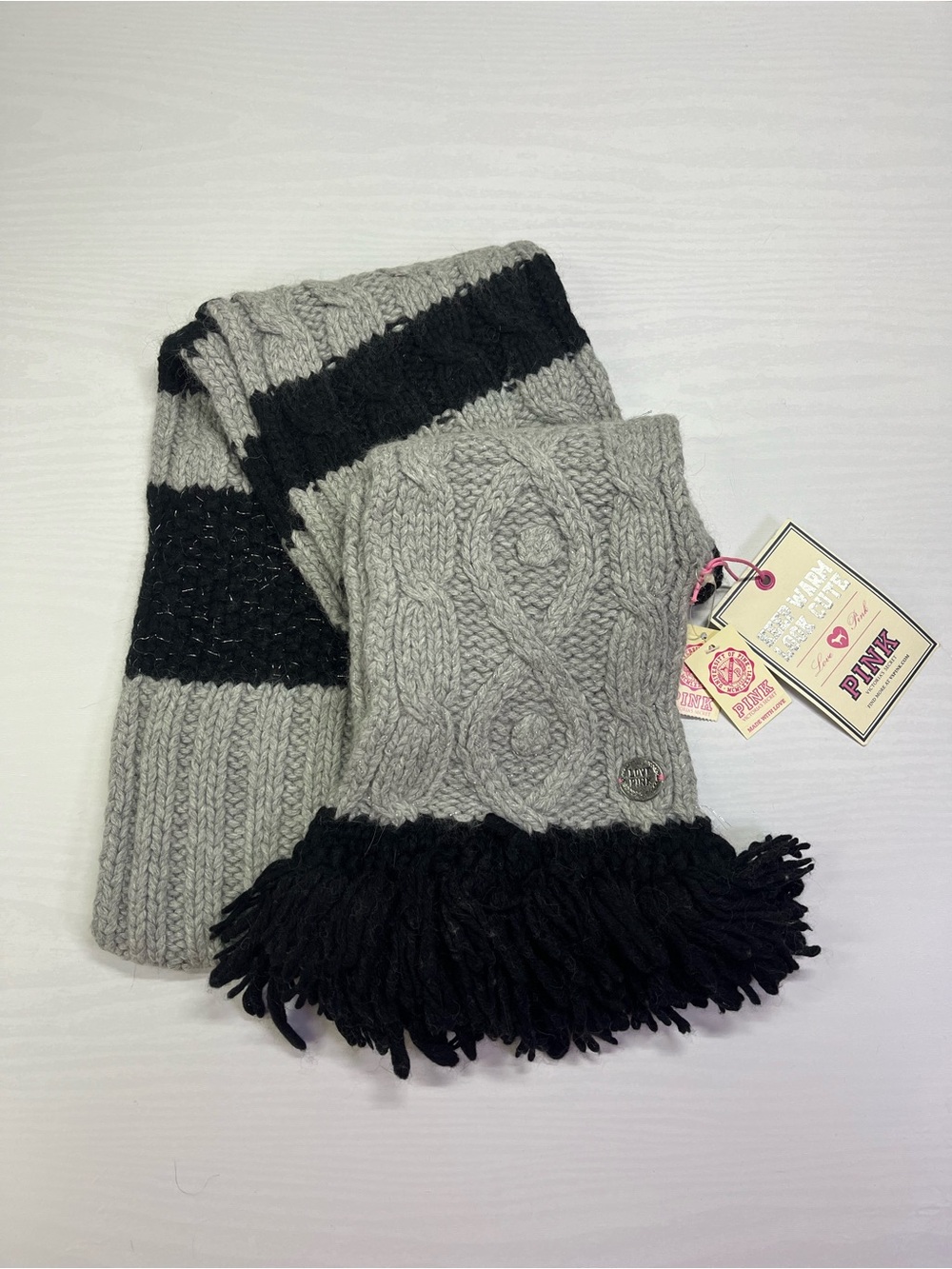 PINK by VS Black/Gray Cozy Handknits Scarf